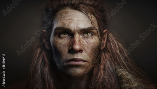 A portrait of a Neanderthal dressed in animal furs, with a rugged appearance, generative ai	
