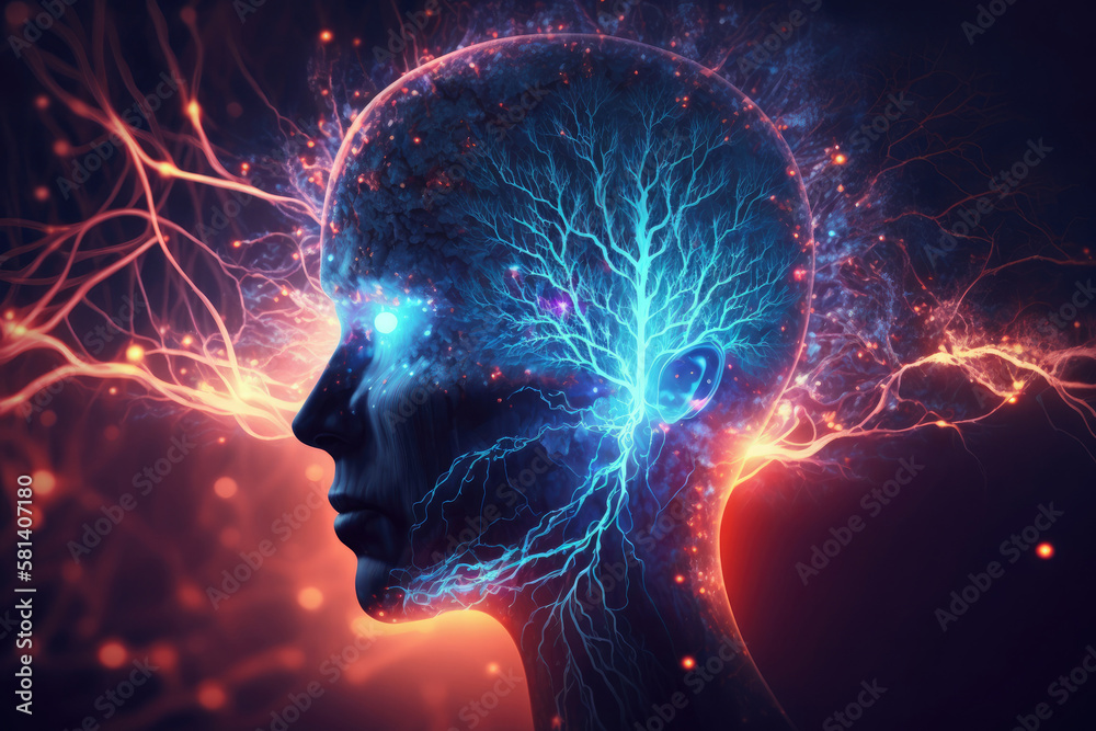Meditation concept with human head silhouette glowing esoteric neurons in brain AI generated Meditation concept with human head silhouette glowing esoteric neurons in brain AI generated