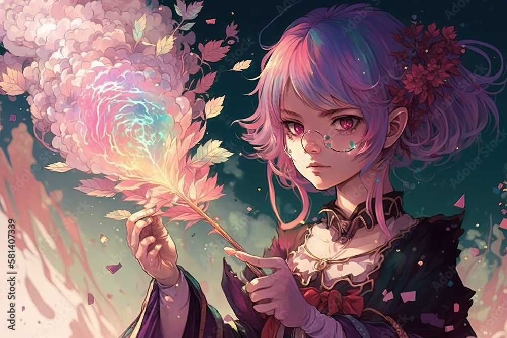 manga girl with pink hair and a magical wand, casting a spell that ...