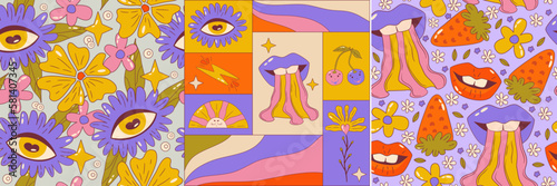 Trippy graphic poster set retro groovy flower and eye. Poster square with sun, rainbow and strawberry. Trippy groovy 70s graphic. Cartoon vector illutration. Seamless pattern with daisy, eye