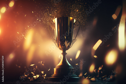 Golden champion trophy cup winner on blur bokeh dark lights background AI generated art