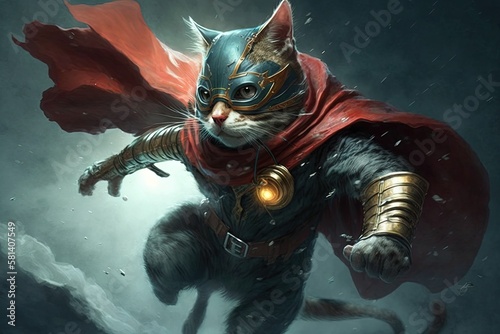 Cat playing the role of a superhero, wearing a cape and mask and using its claws to fight off alien invaders illustration generative ai