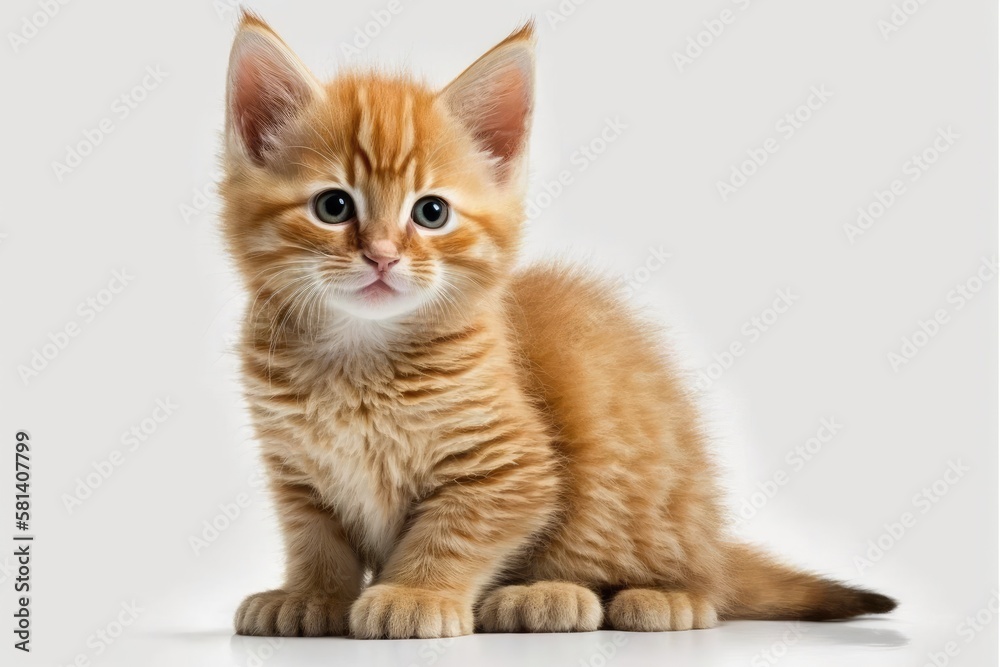 Fototapeta premium A lovely domestic orange kitten in amusing poses. Isolated animal portrait on a white backdrop. Generative AI