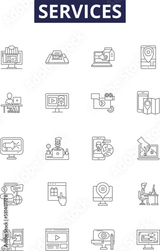 Services line vector icons and signs. Providing, Offering, Facilitating, Supporting, Consulting, Maintaining, Collaborating, Answering outline vector illustration set