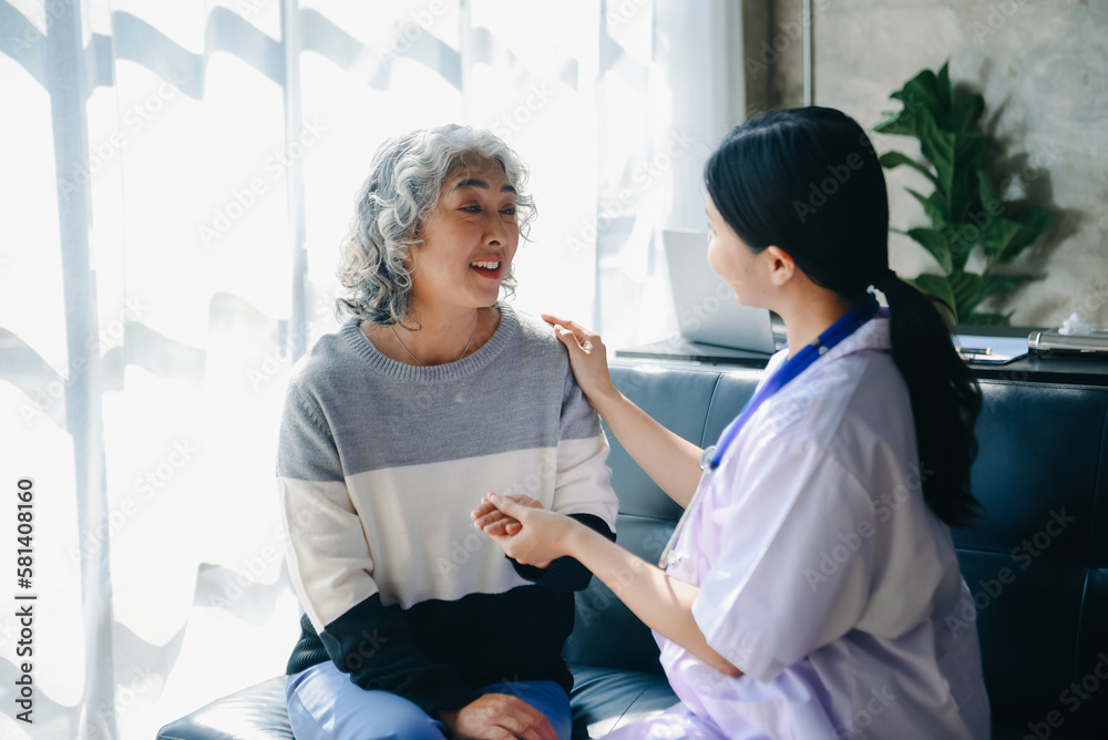 Senior woman being examined by a doctor in background. In hospital.. Senior woman being examined by a doctor in background. In hospital..