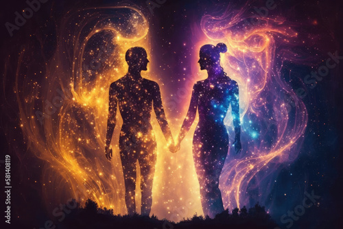 Astral body man and woman silhouettes face to face neural network AI generated art