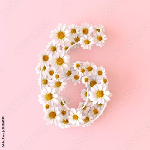 Number 6 made of natural chamomile flowers. Cute camomiles number six. Spring flower numbers concept isolated on cute pastel pink background. Top view. 3d render illustration. © dinastya