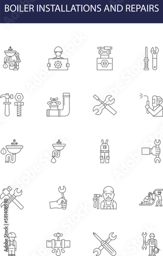 Boiler installations and repairs line vector icons and signs. Installations, Repairs, Services, Upgrades, Replacements, Maintenance, Inspections, System outline vector illustration set