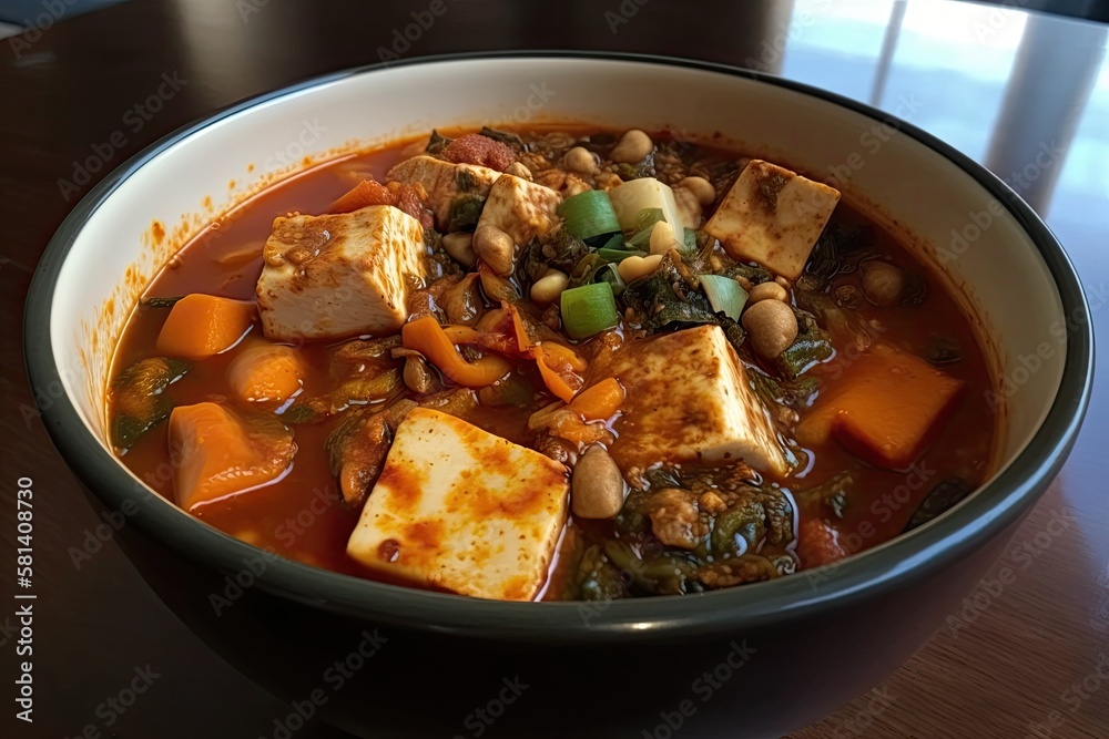 Kimchi, tofu, and pork stew. Generative AI