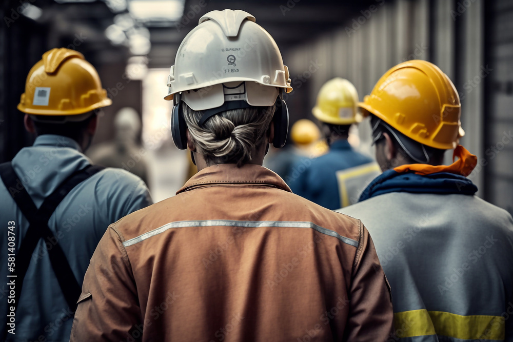 Group of workers with yellow helmets in the factory, seen from behind - Ai generative Group of workers with yellow helmets in the factory, seen from behind - Ai generative