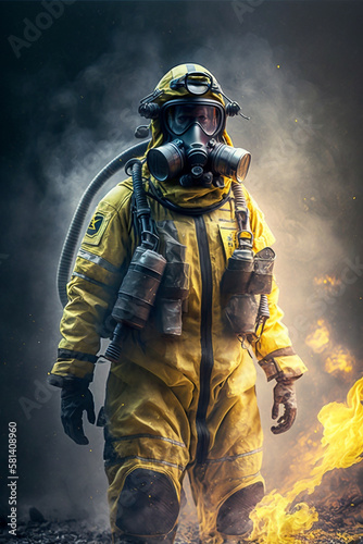 Firefighter engulfed in smoke from the fire in a safety yellow firefighting suit - Ai generative