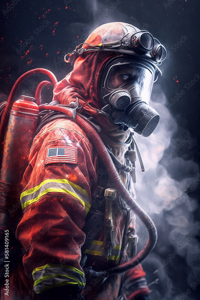 Fototapeta premium Firefighter engulfed in smoke from the fire in a safety red firefighting suit - Ai generative