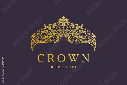 Abstract luxury, royal golden company logo icon vector design. Elegant crown, tiara, diadem premium symbol. Hand drawn lace jewelry, arabic, restaurant, hotel logotype