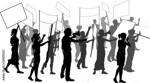 A silhouette crowd or group of people demonstrators at a protest, rally or strike with signs