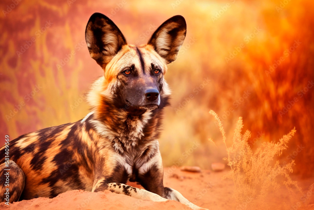 African wild dog (Mabeco) resting in African savannah, generative ai