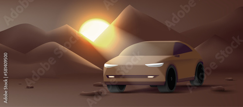 Modern SUV car 3d vector illustration on desert sand mountains landscape with sunset image © YarM