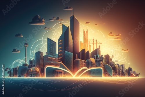 Smart cities and the internet of things, different communication technologies, architecture, transportation, industry, infrastructure, medicine, home electronics, smart grid, and abstract image and vi #581409507