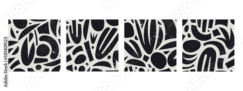 Vector abstract shape cards, black and whit patterns, collage style floral backgrounds with organic wavy, cutout forms. Contemporary art set