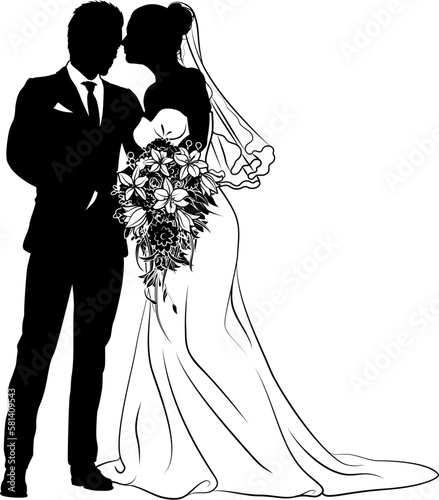 Bride and groom couple silhouettes. Woman in a bridal wedding dress