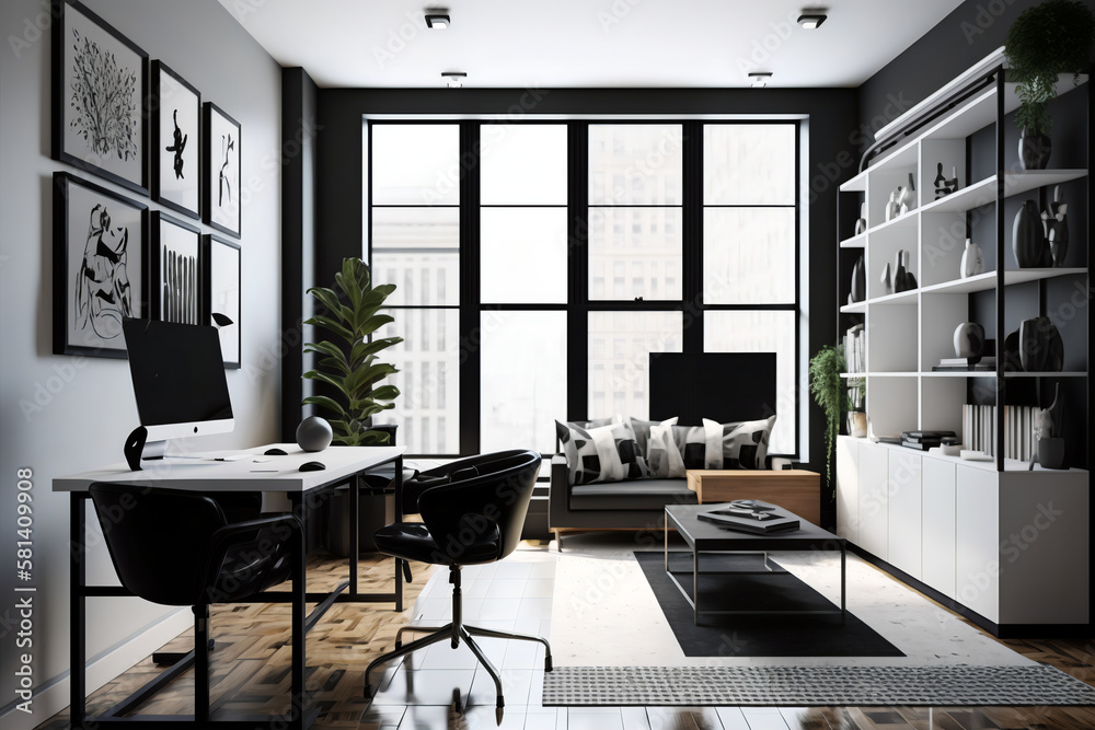 A modern office with a minimalist white and black color scheme ...