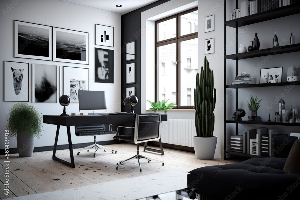 A modern office with a minimalist white and black color scheme ...