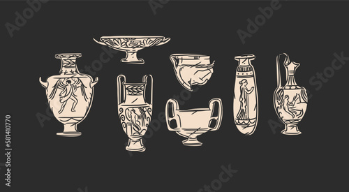 Hand drawn vector abstract outline,graphic,contemporary art greek ancient sculpture ols vase line modern drawing set.Antique classic ancient vase in trendy style,outline design concept.Vase art set.
