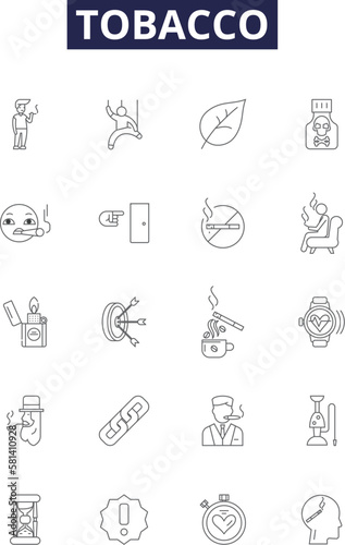 Tobacco line vector icons and signs. Smoking, Cigar, Cigarette, Pipe, Chew, Vape, Nicotine, Cured outline vector illustration set