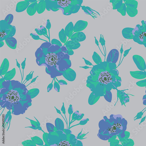 Seamless background with floral ornament. Vector illustration for packaging, wrapping, fabric design. Seamless pattern with blue flowers on a dark background.