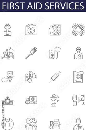 First aid services line vector icons and signs. services, medical, rescue, emergency, minor, injury, care, training outline vector illustration set