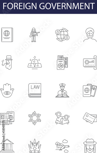 Foreign government line vector icons and signs. Government, International, Diplomacy, Foreigner, Sovereignty, Politics, Politics, Border outline vector illustration set