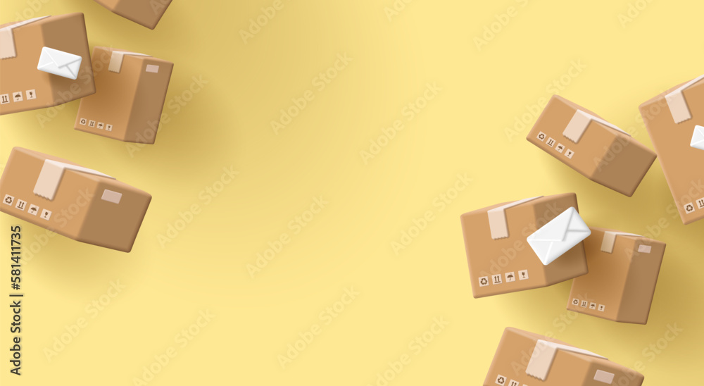 Post parcels and envelopes hanging in the air. Mail delivery concept. 3d vector banner with copy space