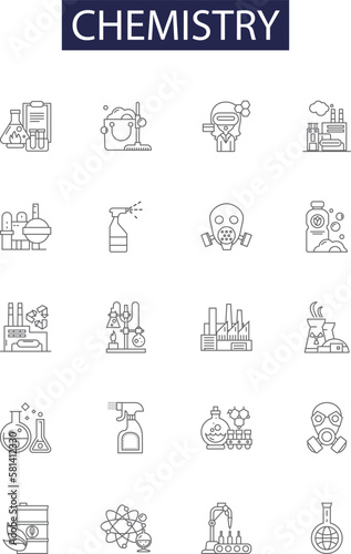 Chemistry line vector icons and signs. Atom, Charge, Compound, Solution, Ion, Synthesis, Equation, Buffer outline vector illustration set photo