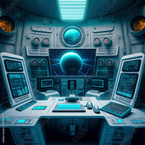 Cyberpunk image style, control room in a futuristic space ship, intricate details, with screens and buttons ,made with Generative AI