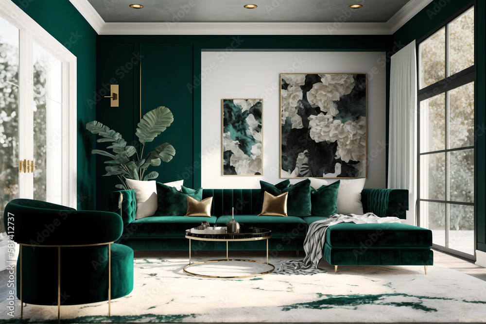 Luxurious living room with a bold emerald green velvet sectional sofa ...