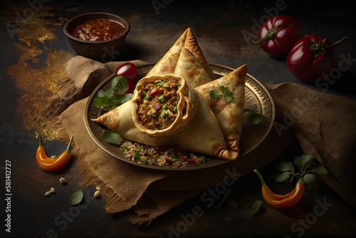 A Beautiful Picture of Samosa Spicy smosa iftaari dish Indian ramadan food, Pakistani Iftar meal. Generative AI photo