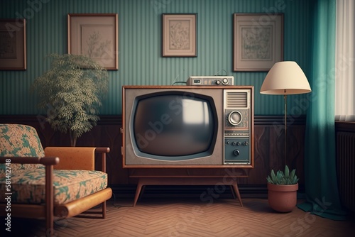 Vintage tv standing on a wooden cabinet next to a comfy couch in a stylish day room interior. Generative AI