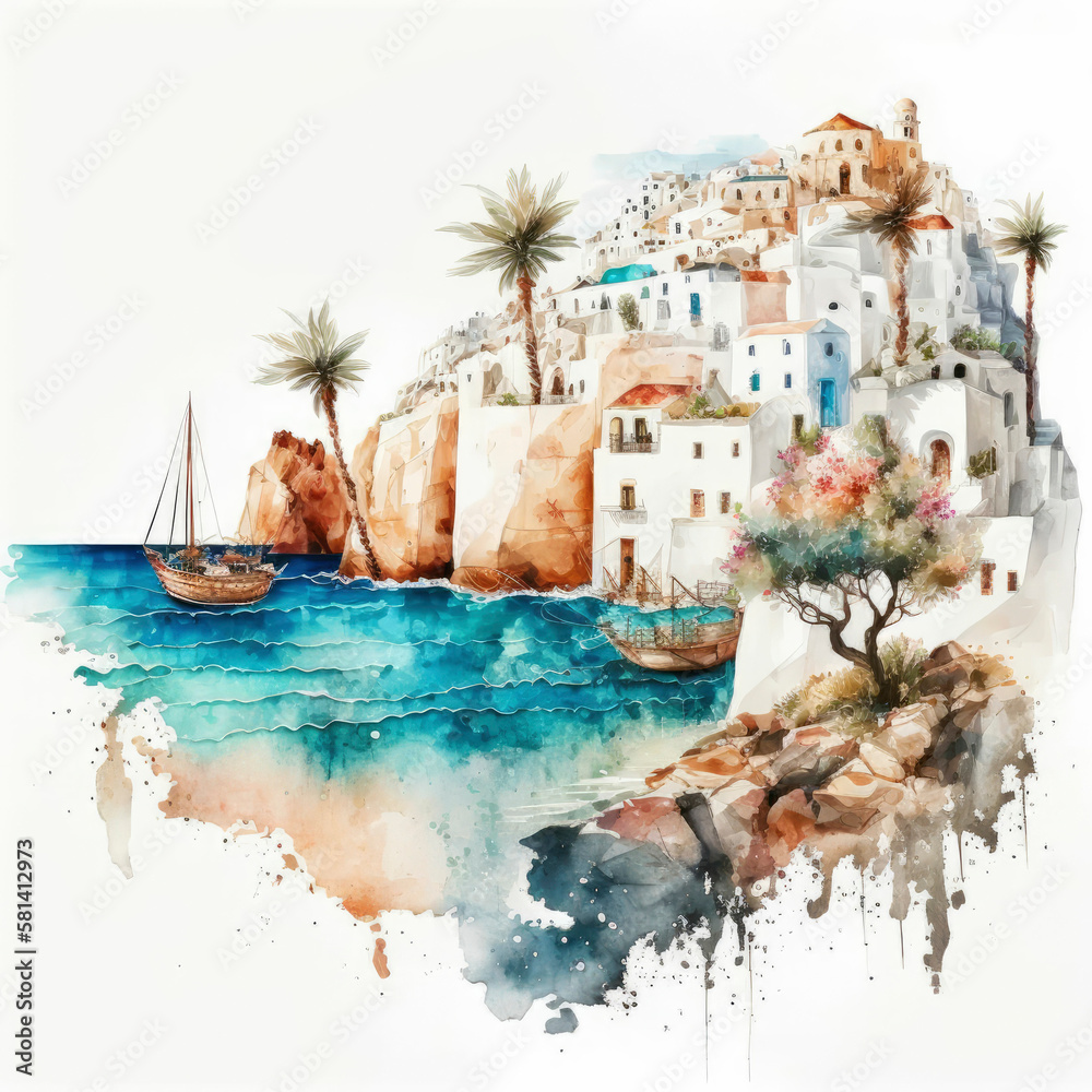 Watercolor illustration of typical Greece scenic island view with a small harbor and fishing boats , traditional white and blue houses ,made with Generative AI