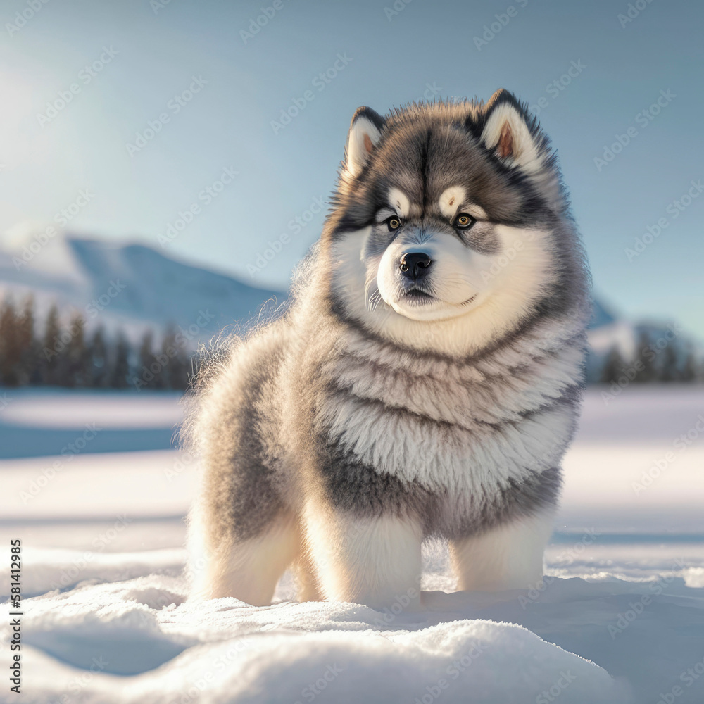 Cute wolf baby puppy playing in snow outside ,made with Generative AI