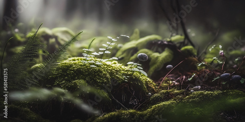Close up macro shot of moss and small shrubs in a forest environment - generative AI