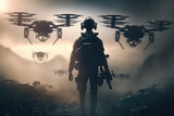 soldier with military drone as weapon in war. generative ai