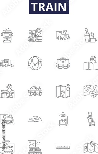 Train line vector icons and signs. Rail, Journey, Tracks, Express, Caboose, Freight, Wheels, Engine outline vector illustration set