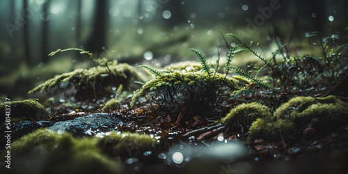 Close up macro shot of moss and small shrubs during rain in a forest environment - generative AI