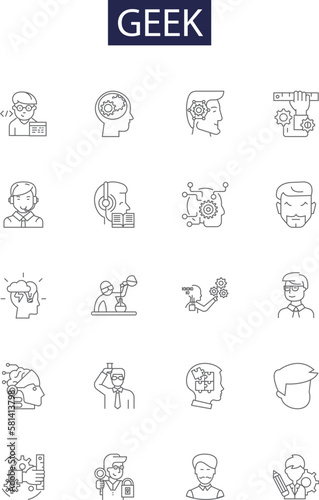 Geek line vector icons and signs. Nerd, Techy, IT, Programmer, Coder, Hacker, Dork, Otaku outline vector illustration set