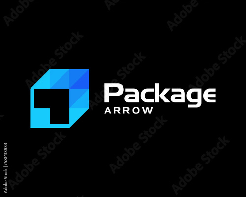 Package Box Cardboard Parcel Arrow Delivery Shipment Warehouse Distribution Vector Logo Design