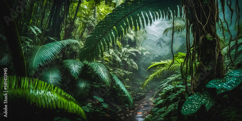 Close up macro shot of big foliage leaves in a tropical rainforest - generative AI