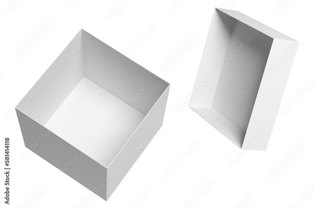 White cube hard blank cardboard box flying in the air opened for branding and packaging presentation on transparent background. 3D Mock up template White cube hard blank cardboard box flying in the air opened for branding and packaging presentation on transparent background. 3D Mock up template