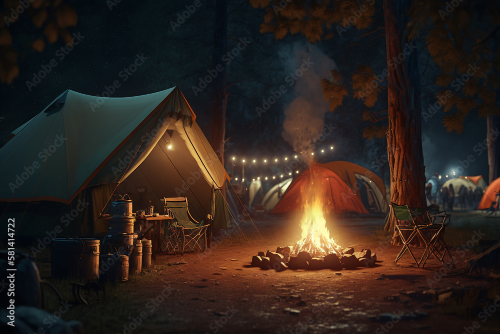 campfire evening fire in nature in a tent, active rest Generative AI