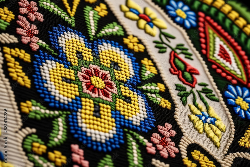 ukrainian vyshyvanka, handmade embroidery on fabrics with colored patterns Generative AI