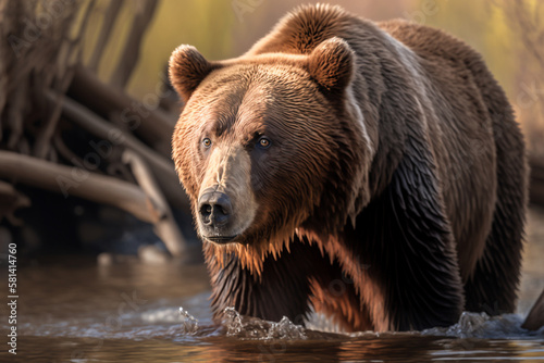 grizzly bear fishing in the river Generative AI © Poter
