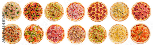 Set of pizza isolated, top view. Pizza photo for for menu card, web design, site, shop, advertising or delivery fast food.